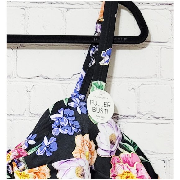 Torrid 5 F Black Floral Tie Front Peplum Underwire Midkini Tankini Top 5X 28 - Picture 7 of 10